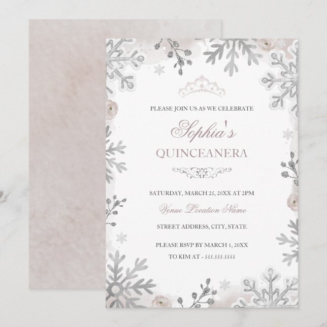 Invitation Blush Winter Merland Quinceanera (Devant / Derrière)