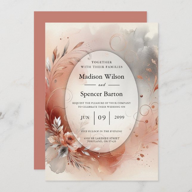 Invitation Blushing Petals and Silver Swirls Wedding (Devant / Derrière)