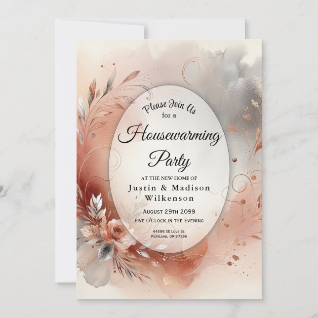 Invitation Blushing Petals Silver Swirls Housewarming Party (Devant)