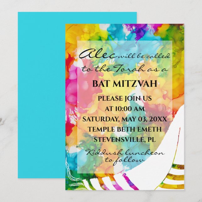 Invitation BM Bat Bar Mitzvah Splash de couleur Tallit (Devant / Derrière)