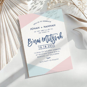 Invitation B'NAI MITZVAH écriture moderne minimaliste bleu ro