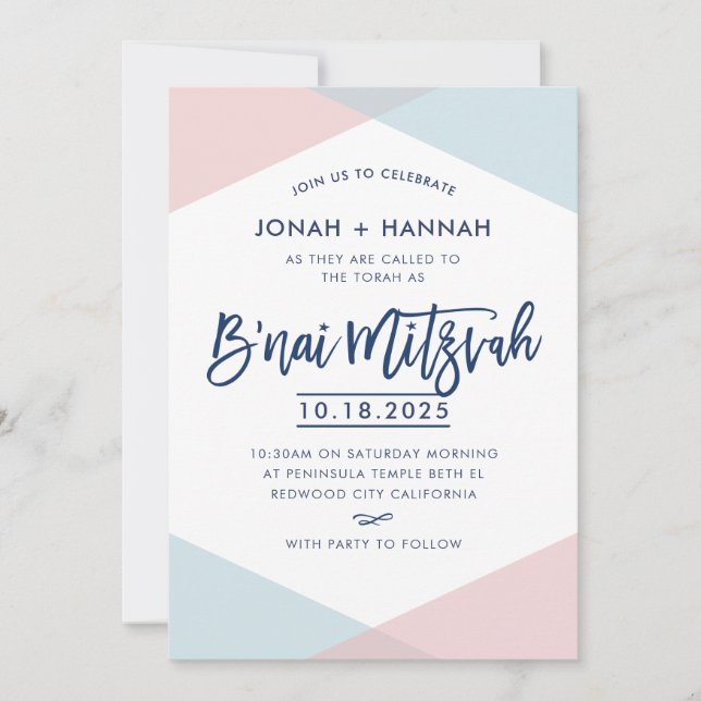 Invitation B'NAI MITZVAH modern minimal script blue pink (Devant)