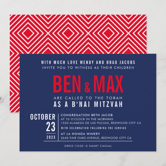 Invitation B'NAI MITZVAH moderne en gras bloc large marine bl (Devant / Derrière)