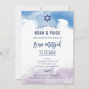 Invitation B'NEI MITZVAH écrit à la main bleu & violet aquare