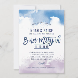 Invitation B'NEI MITZVAH écrit à la main bleu & violet aquare