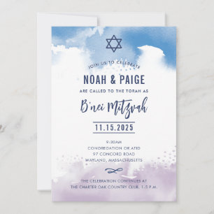 Invitation B'NEI MITZVAH script bleu & violet aquarelle 2