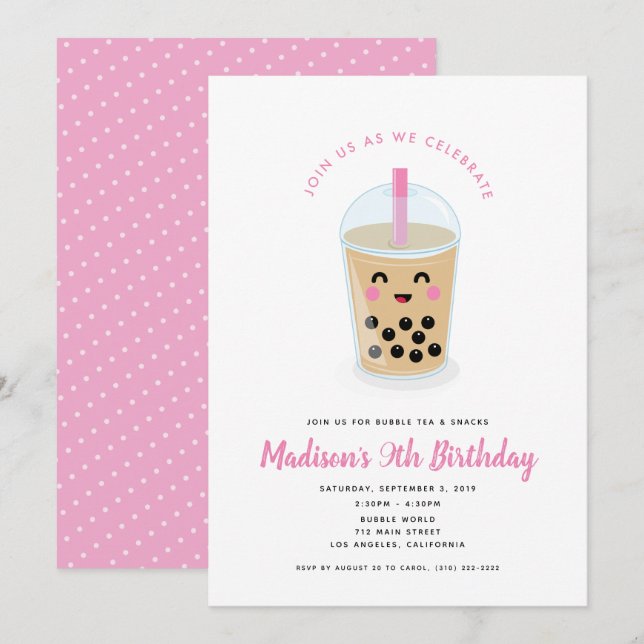 Invitation Boba Tea Party en rose (Devant / Derrière)
