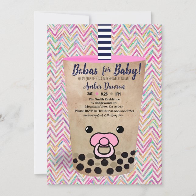 Invitation Bobas Pour Bébé Rose Boba Tea Inspiré Baby shower (Devant)