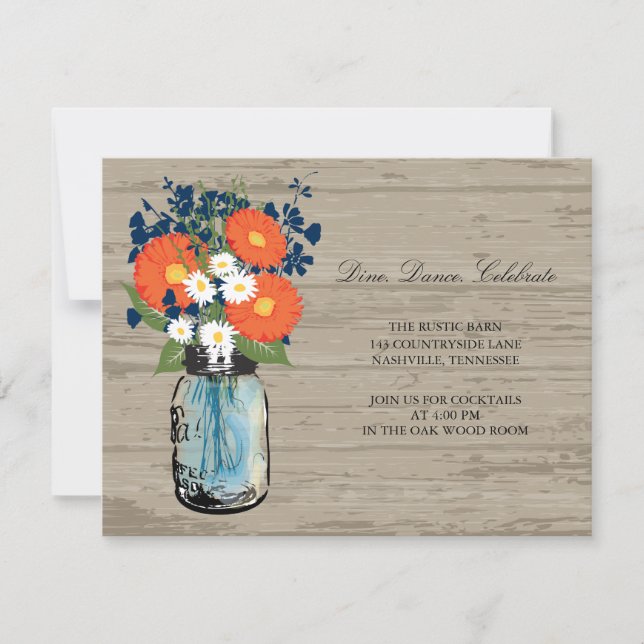 Invitation Bocal en bois Mason bleu et orange | Réception (Devant)