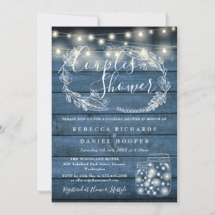 Invitation Bocaux en bois bleus avec guirlande lumineuse pour