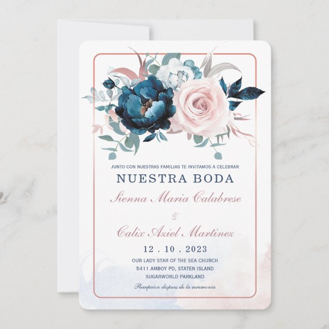 Invitation Boda en oro rosa y azul marino (Devant)