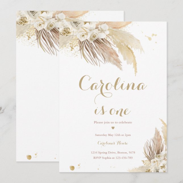 Invitation Bohème 1ère fête d'anniversaire Boho Pampas Grass  (Devant / Derrière)