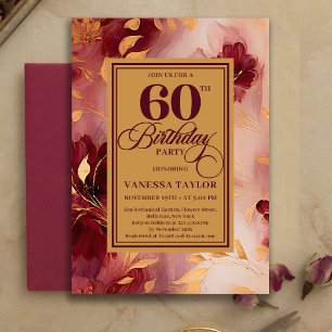 Invitation Bohème 60e Anniversaire Bourgogne Or Aquarelle