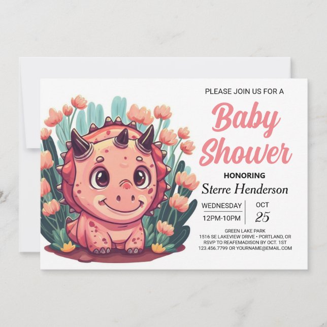 Invitation Bohème Aquarelle Dinosaur Baby shower fille (Devant)