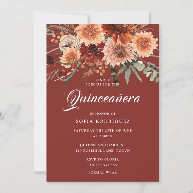 Invitation Bohème Automne Été Floral Terracotta Quinceanera (Devant)