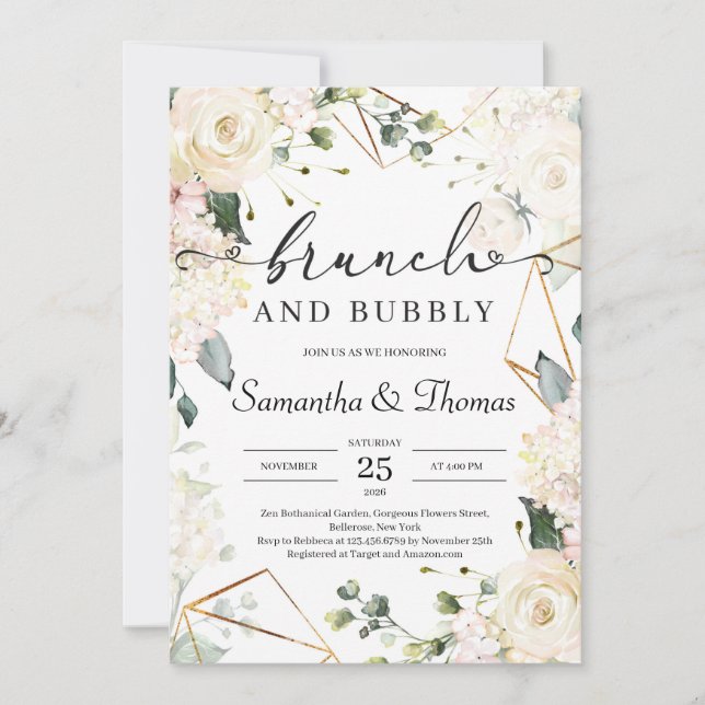Invitation Bohème blanc roses eucalyptus brunch or (Devant)