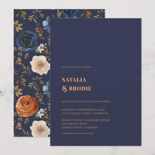 Invitation Bohème bleu rouille Mariage Floral (Devant / Derrière)