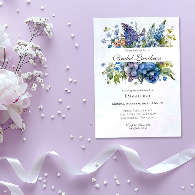Invitation Bohême Bleu Violet Aquarelle Bridal Déjeuner (Créateur téléchargé)