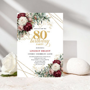 Invitation Bohème Bourgogne Or Fleurs 80e Anniversaire