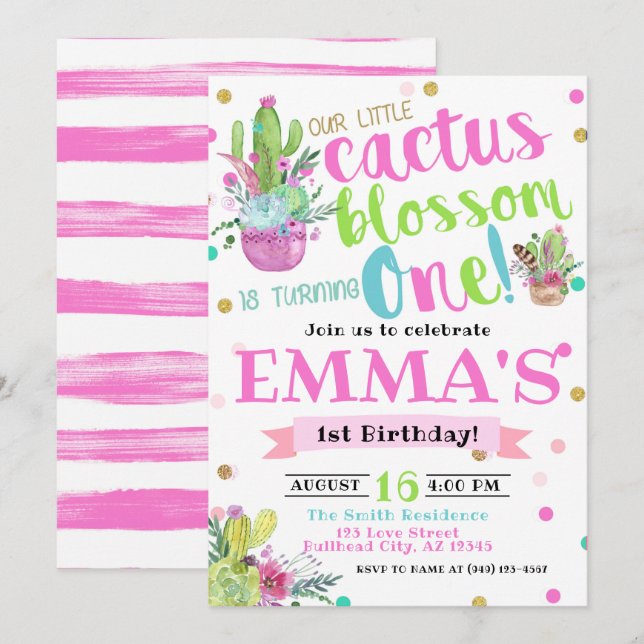 Invitation Bohème Cactus Blossom 1er anniversaire (Devant / Derrière)