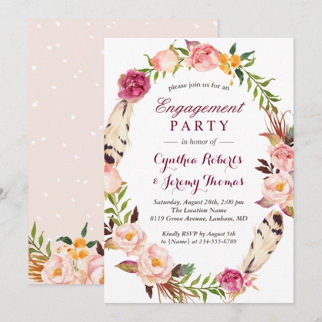 Invitation Bohème Chic Boho Floral Wreath Party (Devant / Derrière)