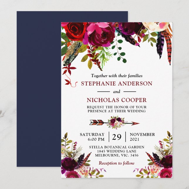 Invitation Bohème de Bohême bordé de fleurs (Devant / Derrière)