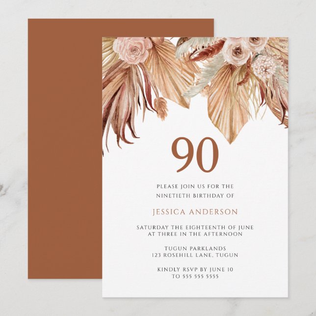 Invitation Bohème Floral Terracotta Boho 90e anniversaire (Devant / Derrière)