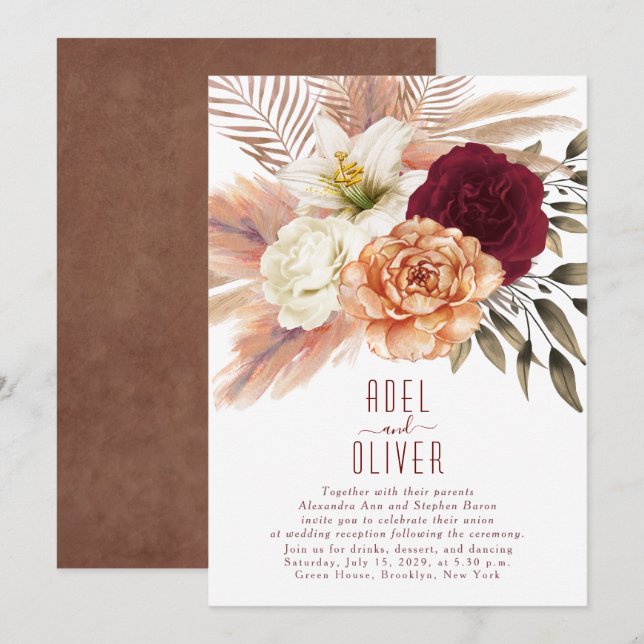 Invitation Bohème Floral Terracotta Réception de mariage (Devant / Derrière)