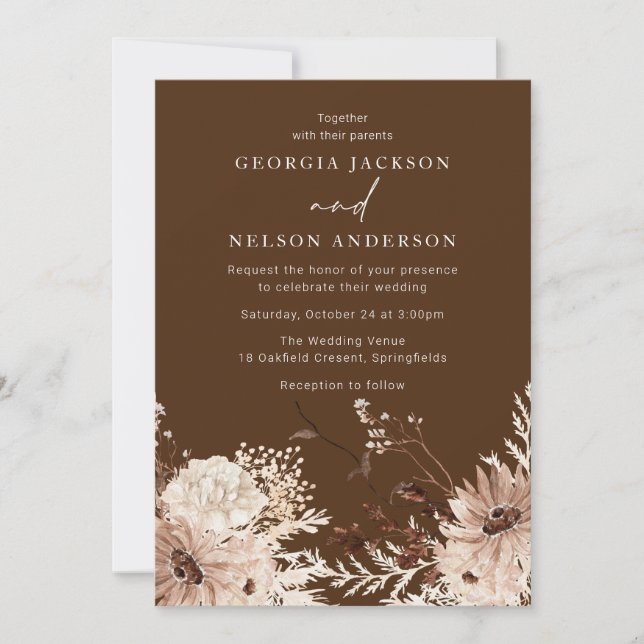 Invitation Bohème moderne automne ou été Mariage floral (Devant)
