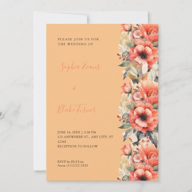 Invitation Bohème Orange Floral Automne Orange Mariage (Devant)