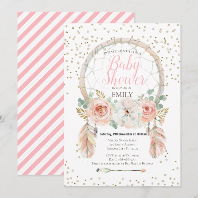 Invitation Bohème Rose Gold Attrape-Rêves (Devant / Derrière)