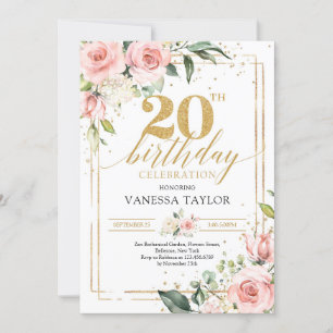 Invitation Bohême rose rose floral vert or 20 ans