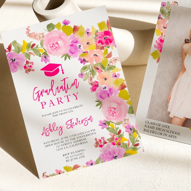 Invitation Bohème rose roses fleur sauvage graduation de prin (Bohemian pink roses wildflowers spring graduation invitation)