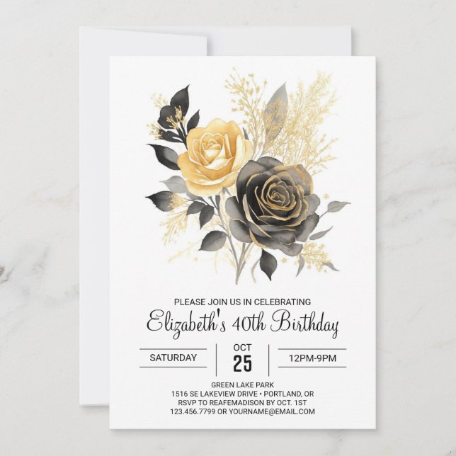 Invitation Bohemian Bloom Gold et Black 30th Birthday (Devant)