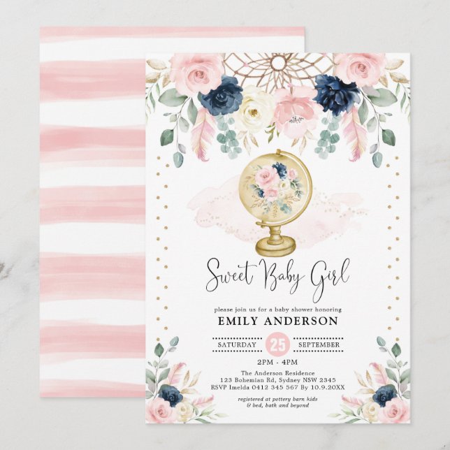 Invitation Bohemian Dreamcatcher Navy Blush Gold Baby shower (Devant / Derrière)