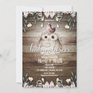 Invitation Bohemian Feather Friends Owl & Bird Baby shower