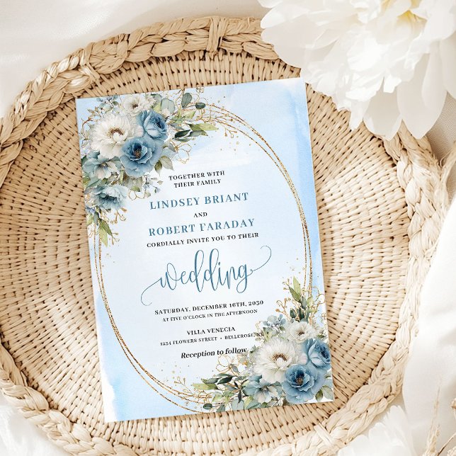 Invitation Bohemian Pastel Blue Floral Gold Wedding Invite (Bohemian Pastel Blue Floral Gold Wedding Invitation)
