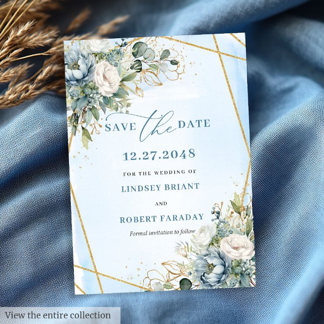 Invitation Bohemian Pastel Blue White Gold Peonies Enregistre (Bohemian Pastel Blue White Gold Peonies Save The Date)