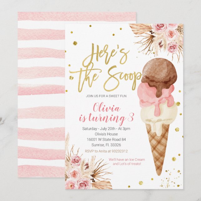 Invitation Bohemian Voici le scoop Ice Cream Birthday (Devant / Derrière)
