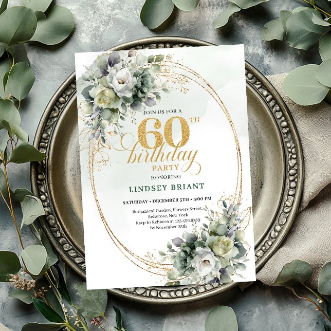 Invitation Boho 60e Anniversaire Vert Poussiéreux  (This elegant watercolor greenery invitation features dusty green eucalyptus, soft foliage, and subtl)