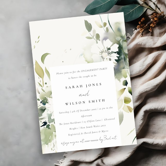 Invitation Boho Abstrait vert blanc Fiançailles floral (Créateur téléchargé)