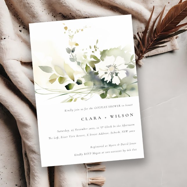 Invitation Boho Abstrait Vert Blanc Floral Couples Douche (Créateur téléchargé)