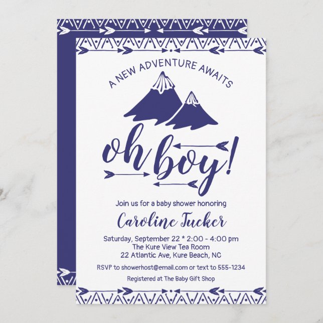 Invitation Boho Adventure Await Baby Boy Shower (Devant / Derrière)