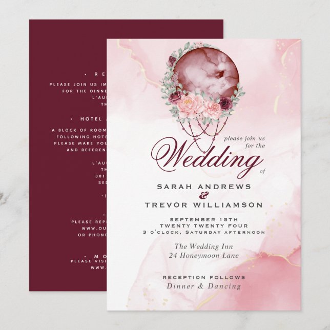 Invitation Boho All in One Mariage Pink Maroon Moo (Devant / Derrière)