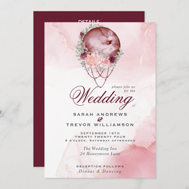 Invitation Boho All in One Mariage Pink Maroon Moo (Devant / Derrière)