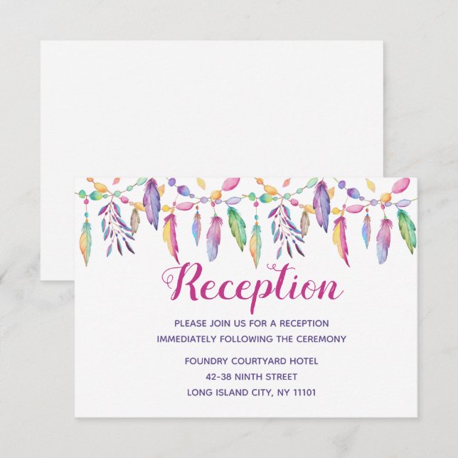 Invitation Boho Amérindien Plume Violette Mariage Indien (Devant / Derrière)