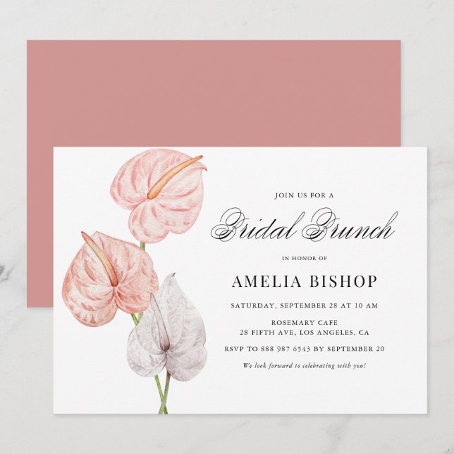 Invitation Boho Anthuriums rose Tropical Floral Bridal Brunch (Devant / Derrière)