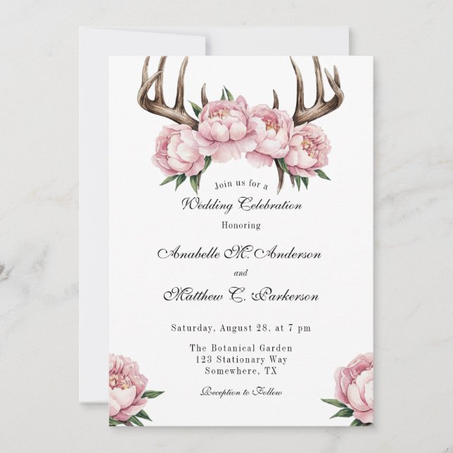 Invitation Boho Antler avec des pivoines roses Célébration du (Devant)