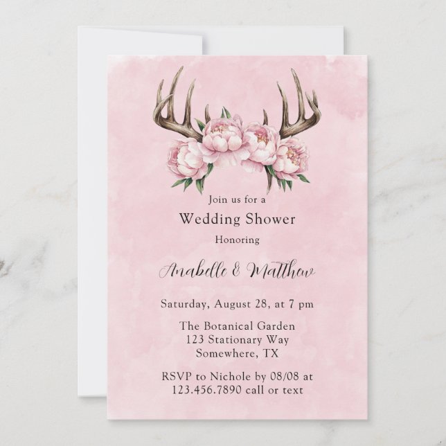 Invitation Boho Antler avec Wedding shower Pink Peonies (Devant)