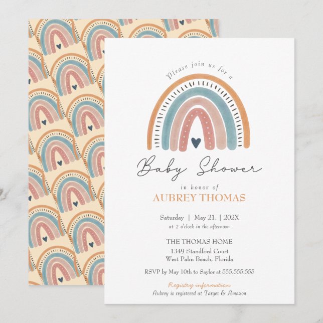 Invitation Boho Aquarelle arc-en-ciel Baby shower genre neutr (Devant / Derrière)